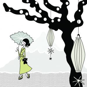 prent meisjeskamer, prent, meisje, geisha, illustratie, tekening, kinderkamer, okika, kinderkamer, schilderij, aan de muur, lijst, zwart, zwarte lijst