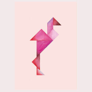 flamingo, roze, vogel, geometrie, illustratie, poster, tekening, tangram, kinderkamer, posters, meisjeskamer, prent, prenten, aan de muur