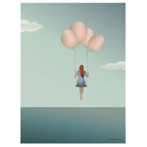 poster Balloon Dream, vissevasse, pastel, pastelkleuren, meisje, ballon, dromen, zweven, illustratie, poster, tekening, kinderkamer, posters, meisjeskamer, prent, prenten, aan de muur