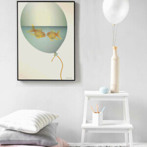 poster Love in a Bubble, vissevasse, pastel, pastelkleuren, vis, visjes, verlieft, ballon, illustratie, poster, tekening, kinderkamer, posters, meisjeskamer, prent, prenten, aan de muur