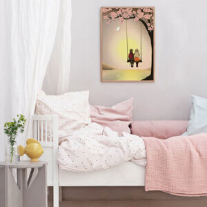 poster, romantisch, samen, zonsondergaang, liefde, , vissevasse, okika, illustratie, aan de muur, wand, decoratie, pastel, roze, groen