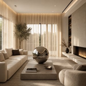 oonkamer met zandkleurige linnenlook vitrage als sfeerimpressie. De afbeelding geeft een indruk van hoe de lichte zandtint eruitziet wanneer de gordijnen voor het raam hangen.