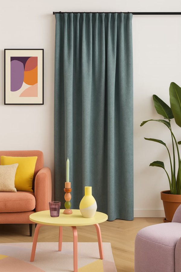 Petrolkleurige gordijnen uit de Imperial-collectie in een electisch interieur met diepe kleuren.. Sfeerimpressie in interieursetting