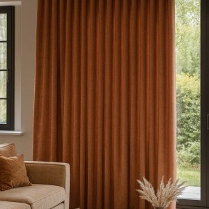 Terracotta gordijnen uit de Imperial-collectie in een warm interieur met natuurlijke materialen en aardse tinten. Sfeerimpressie in interieursetting