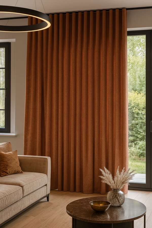 Terracotta gordijnen uit de Imperial-collectie in een warm interieur met natuurlijke materialen en aardse tinten. Sfeerimpressie in interieursetting