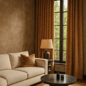 Sfeerimpressie in interieursetting , Goudgele gordijnen uit de Imperial-collectie in een modern interieur met warme accenten, rijke texturen en een luxe uitstraling.