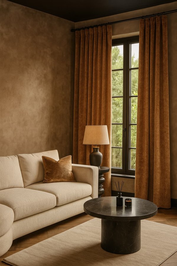 Sfeerimpressie in interieursetting , Goudgele gordijnen uit de Imperial-collectie in een modern interieur met warme accenten, rijke texturen en een luxe uitstraling.
