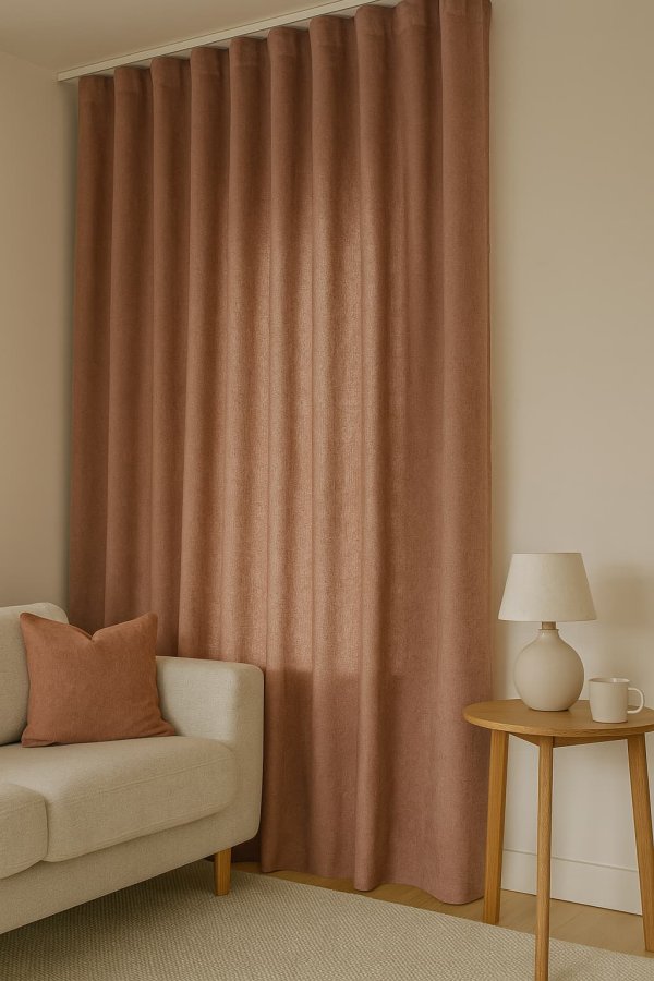 Oudroze gordijnen uit de Imperial-collectie in een elegant interieur met zachte kleuren, ronde vormen en een warme, vrouwelijke sfeer. Sfeerimpressie in interieursetting