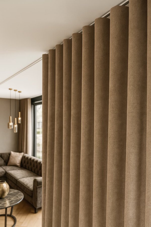 Soft taupe gordijnen uit de Imperial-collectie in een licht en modern interieur met een zachte, verfijnde uitstraling. Sfeerimpressie in interieursetting