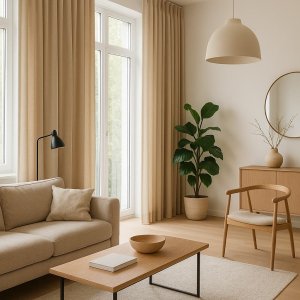 Ivoorkleurige gordijnen uit de Imperial-collectie in een licht en elegant interieur met zachte materialen en tijdloze uitstraling. Sfeerimpressie in interieursetting
