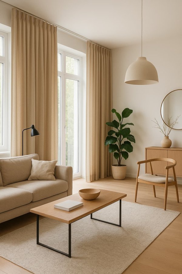 Ivoorkleurige gordijnen uit de Imperial-collectie in een licht en elegant interieur met zachte materialen en tijdloze uitstraling. Sfeerimpressie in interieursetting