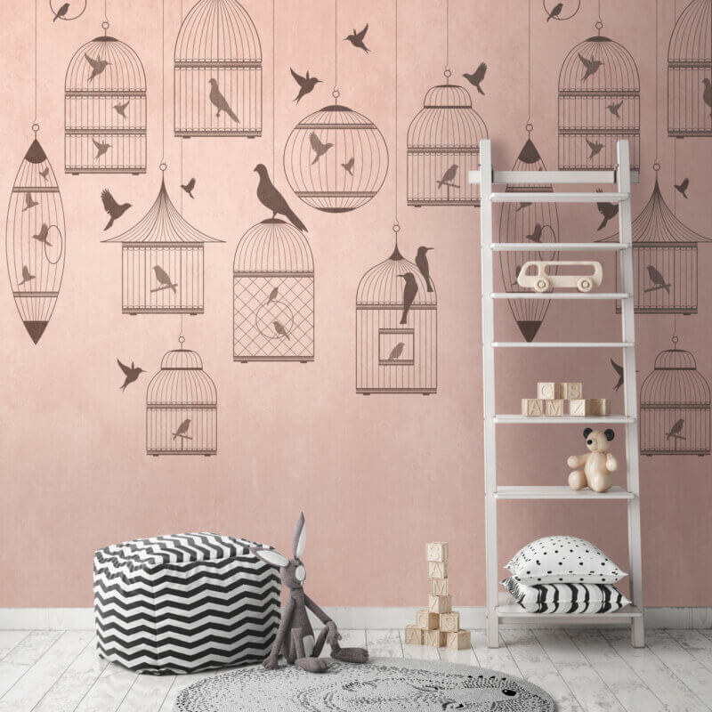 Behang Vogelkooi Roze, behang, behangen, kinderkamer, meisjeskamer, behangwand