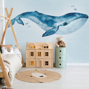 Behang Wallie de Walvis, behang, behangen, okika, kinderbehang, kinderkamer, walvis, vis, zee, blauw