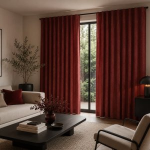 chenille burgundy gordijnen moderne woonkamer sfeerimpressie wave plooi