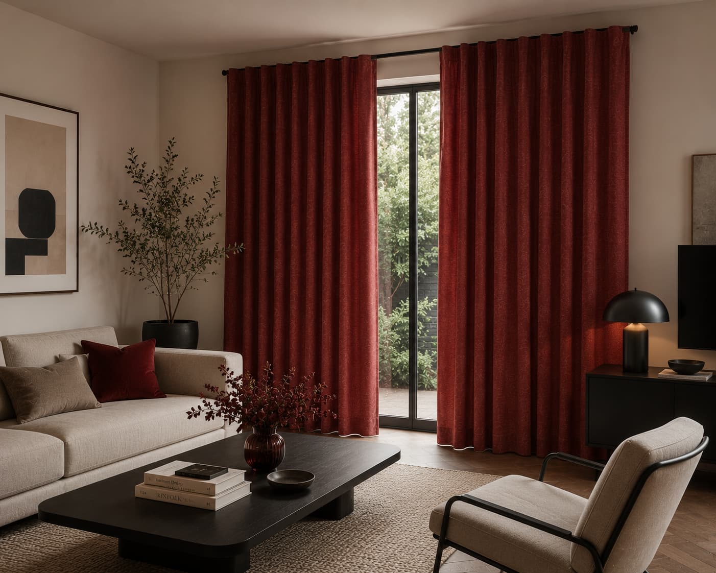 chenille burgundy gordijnen moderne woonkamer sfeerimpressie wave plooi