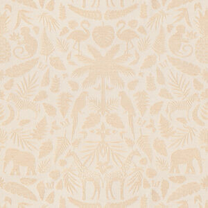 Gordijn van luxueuze chenille stof met een tropische print in creme en beige, perfect voor het creëren van een exotische en stijlvolle sfeer in uw interieur of kinderkamer.