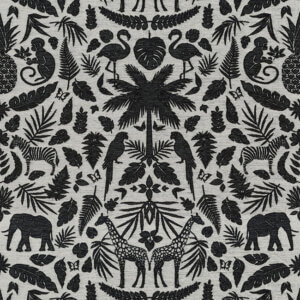 Gordijn van luxueuze chenille stof met een tropische print in zwart, perfect voor het creëren van een exotische en stijlvolle sfeer in uw interieur, slaapkamer of kinderkamer.