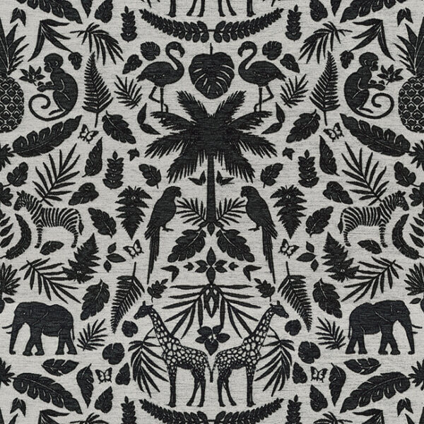 Gordijn van luxueuze chenille stof met een tropische print in zwart, perfect voor het creëren van een exotische en stijlvolle sfeer in uw interieur, slaapkamer of kinderkamer.