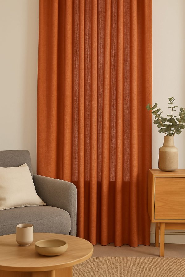 Sfeerimpressie van terrakleurige gordijnen uit de Elegance collectie in een warm en elegant interieur.