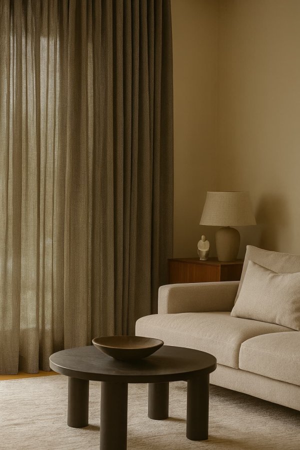 Luxe inbetween gordijnen in champagnekleur met subtiele metallic glans, op maat gemaakt in een moderne woonkamer met veel lichtinval.