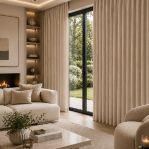 Ivoorkleurige chenille gordijnen in een luxe en modern interieur met lichte natuurlijke tinten en veel daglicht. Interieursetting met gordijnen in plooi.