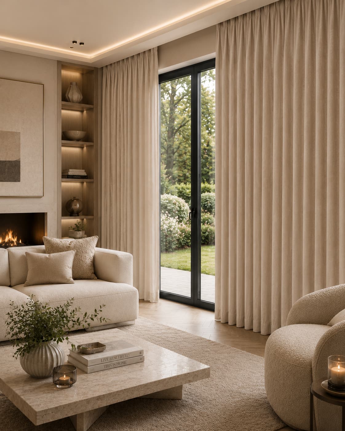 Ivoorkleurige chenille gordijnen in een luxe en modern interieur met lichte natuurlijke tinten en veel daglicht. Interieursetting met gordijnen in plooi.