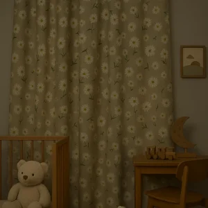 Gordijn met madeliefjesprint in een vrolijk bloemen print interieur afbeelding in de kinderkamer