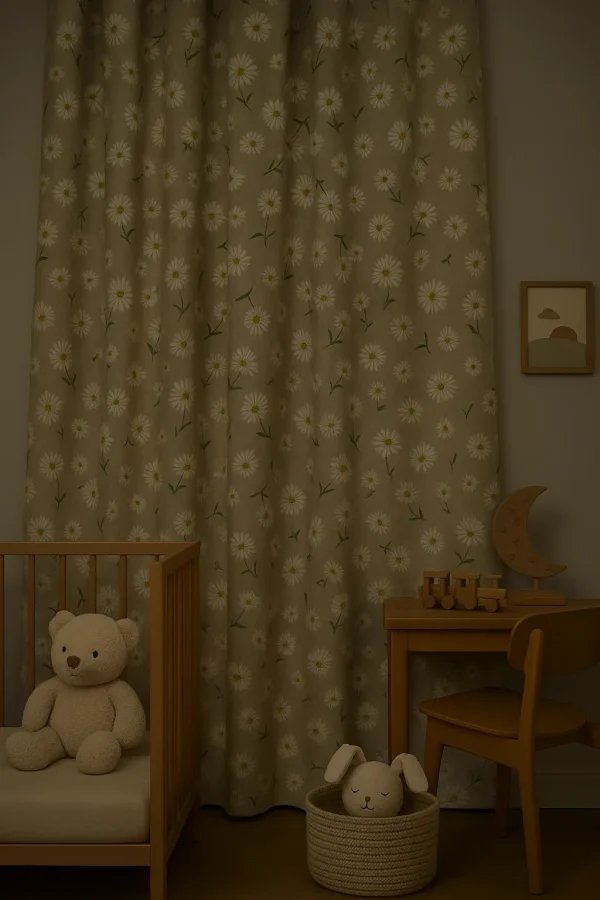 Gordijn met madeliefjesprint in een vrolijk bloemen print interieur afbeelding in de kinderkamer
