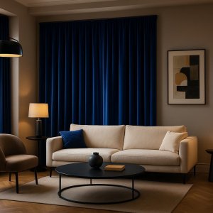 Sfeerimpressie van kobaltblauwe fluwelen gordijnen die een luxe en rustige uitstraling geven aan het interieur