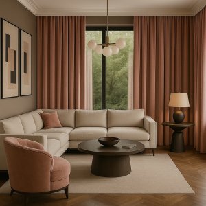 Sfeerimpressie van oudroze fluwelen gordijnen in een modern interieur