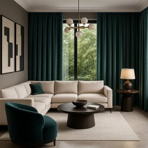 Premium fluwelen gordijnen in petrolkleur in een modern interieur