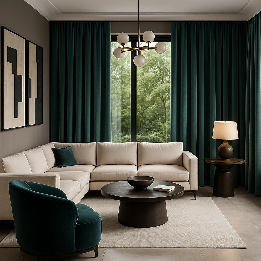 Premium fluwelen gordijnen in petrolkleur in een modern interieur