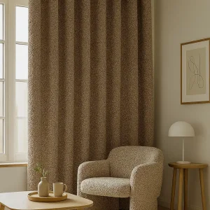 Taupe teddy gordijnen in een warm interieur met zachte stofstructuur in een interieur setting