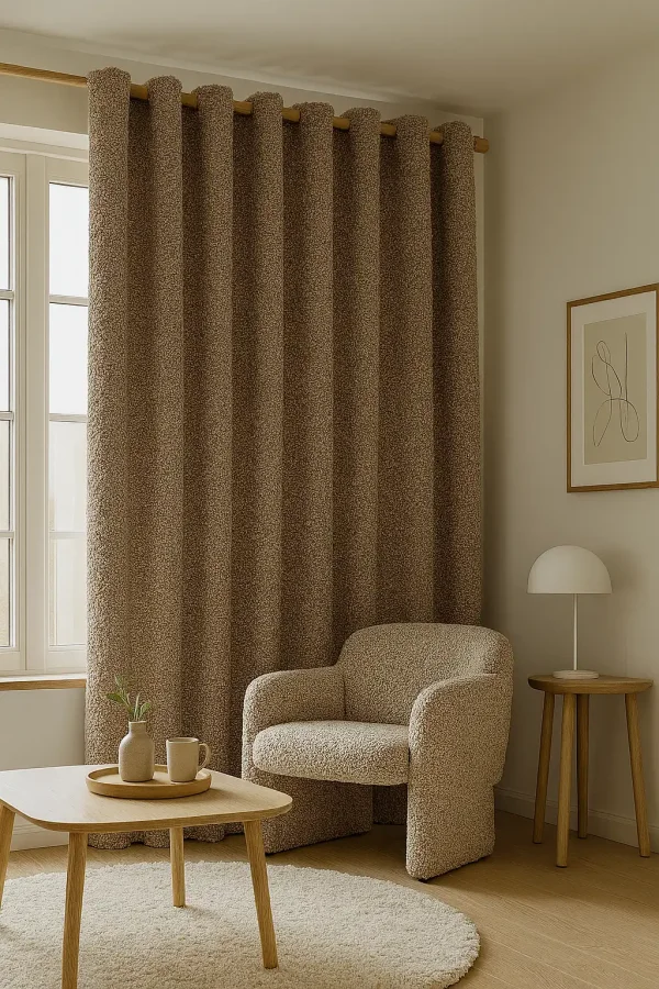 Taupe teddy gordijnen in een warm interieur met zachte stofstructuur in een interieur setting
