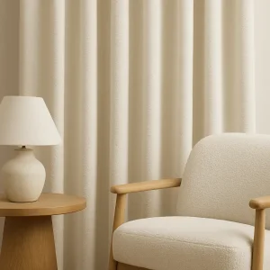 Witte teddy gordijnen in een licht scandinavisch interieur met zachte uitstraling en warme sfeer