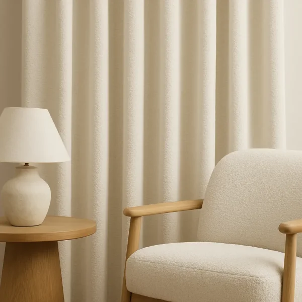 Witte teddy gordijnen in een licht scandinavisch interieur met zachte uitstraling en warme sfeer