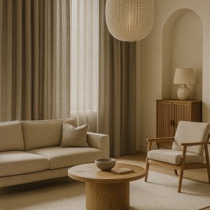 Modern interieur met inbetween gordijnen in taupe, voorzien van subtiele metallic glans en soepele valling, afgewerkt op maat.