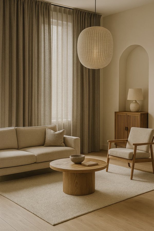Modern interieur met inbetween gordijnen in taupe, voorzien van subtiele metallic glans en soepele valling, afgewerkt op maat.