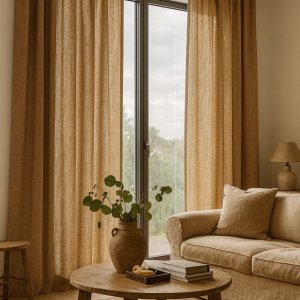 Inbetween gordijn Zen Weave in honingkleur in een warme woonkamer met natuurlijke tinten en subtiele lichtinval, sfeerimpressie