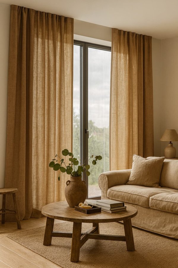 Inbetween gordijn Zen Weave in honingkleur in een warme woonkamer met natuurlijke tinten en subtiele lichtinval, sfeerimpressie