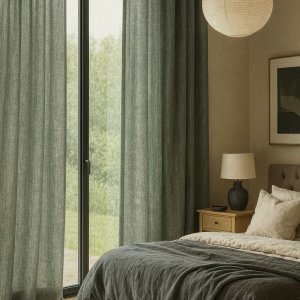 Inbetween gordijn Zen Weave in indigo blauw sfeerimpressie in een sfeervolle slaapkamer met zachte lichtinval en rustgevende uitstraling