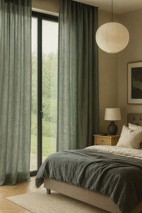 Inbetween gordijn Zen Weave in indigo blauw sfeerimpressie in een sfeervolle slaapkamer met zachte lichtinval en rustgevende uitstraling