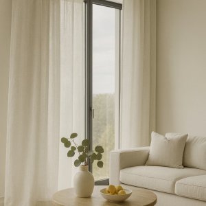Sfeerimpressie van inbetween gordijn Zen Weave in ivoor in een licht interieur met zachte tinten en natuurlijke uitstralin