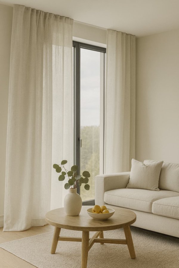 Sfeerimpressie van inbetween gordijn Zen Weave in ivoor in een licht interieur met zachte tinten en natuurlijke uitstralin