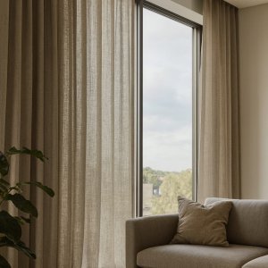 Inbetween gordijn Zen Weave in lichtgrijs in een moderne woonkamer met zachte lichtinval en een rustige, neutrale sfeer