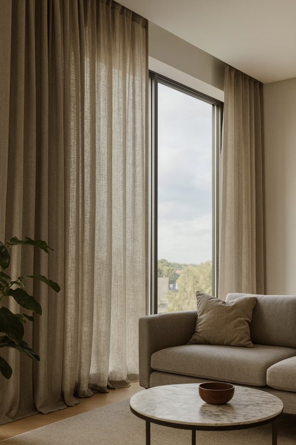 Inbetween gordijn Zen Weave in lichtgrijs in een moderne woonkamer met zachte lichtinval en een rustige, neutrale sfeer