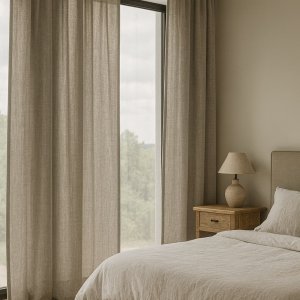 Inbetween gordijn Zen Weave in soft taupe in een serene slaapkamer met warme lichtinval en natuurlijke sfeer