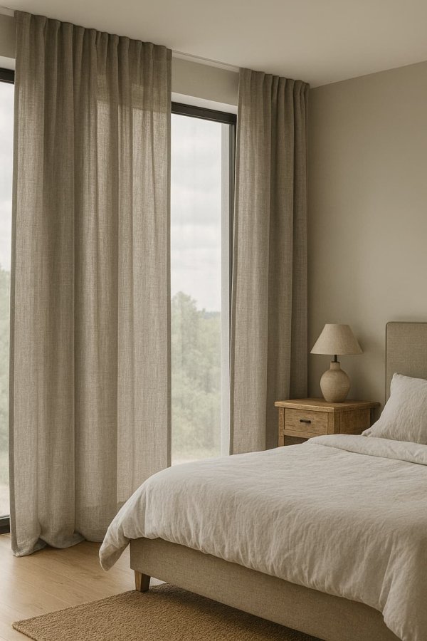 Inbetween gordijn Zen Weave in soft taupe in een serene slaapkamer met warme lichtinval en natuurlijke sfeer