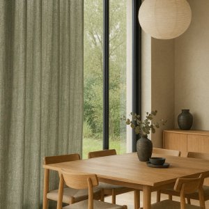 Inbetween gordijn zen weave in vintagegroen in stijlvol interieur met rustige lichtinval en natuurlijke accenten