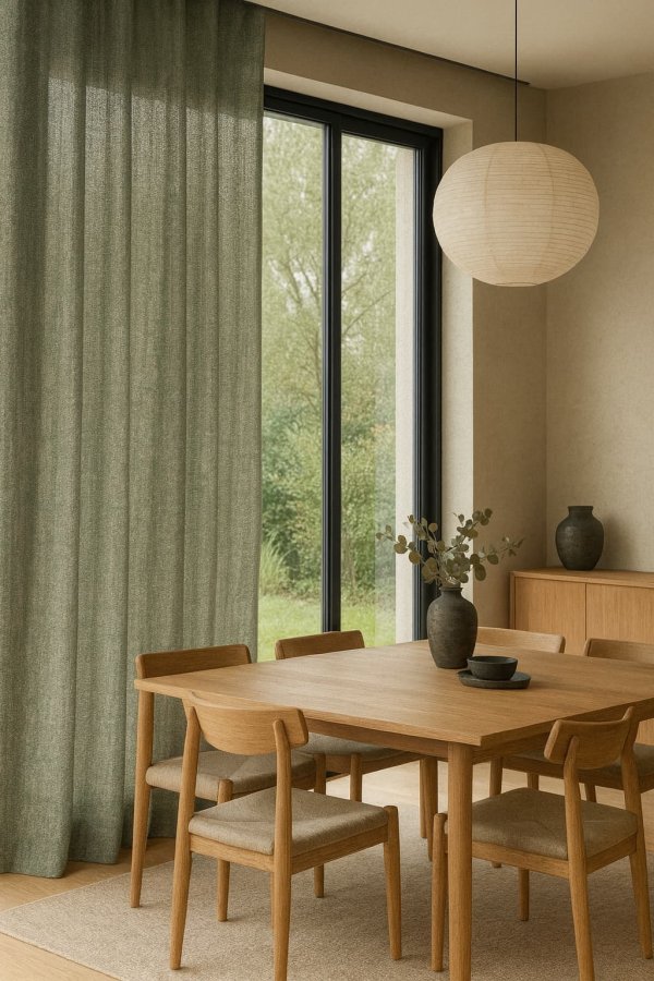 Inbetween gordijn zen weave in vintagegroen in stijlvol interieur met rustige lichtinval en natuurlijke accenten